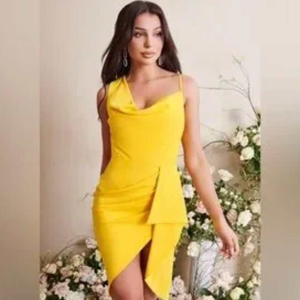 Lavish Alice Emma Cowl Neck Mini Wrap Formal Cocktail Dress in Yellow NWT Sz 10